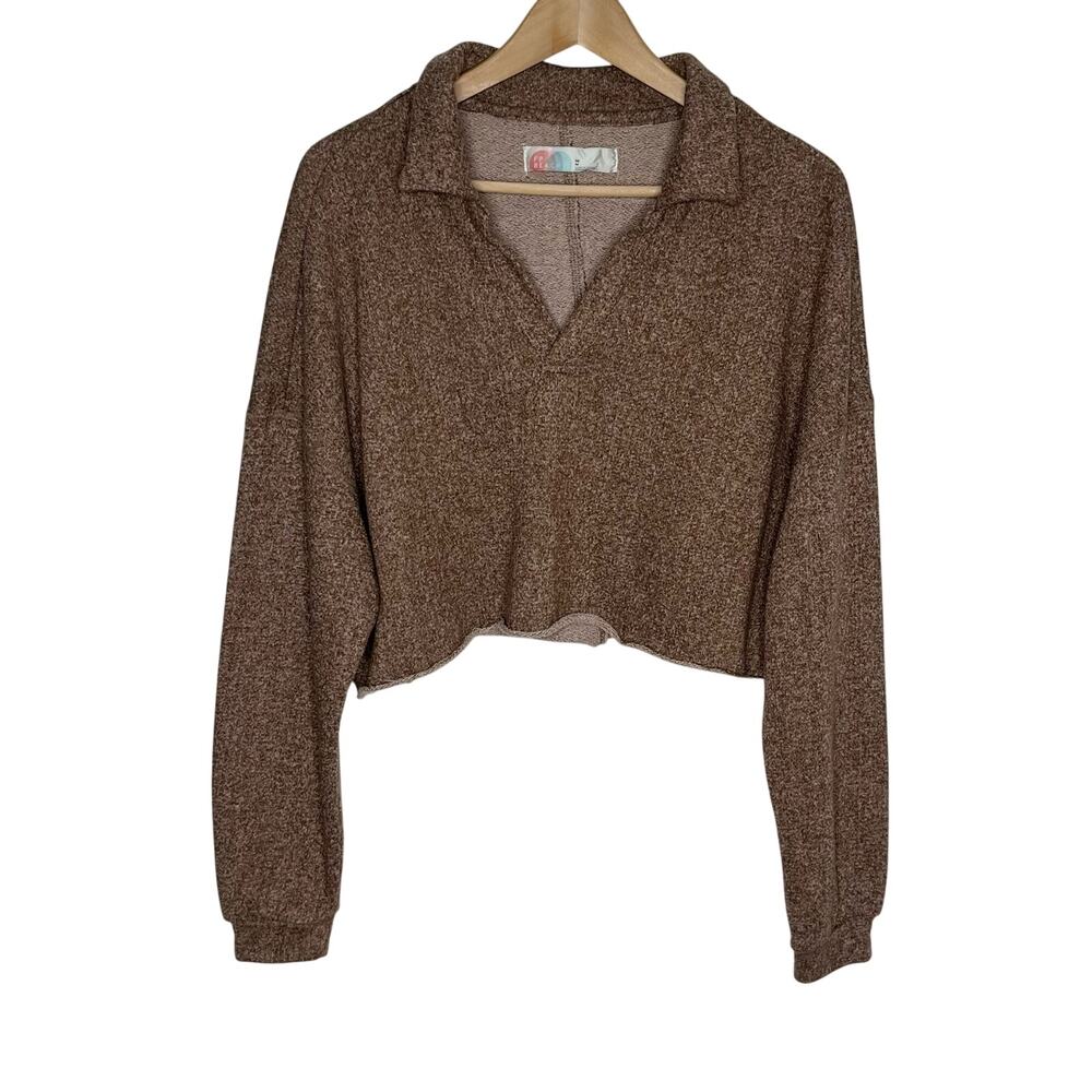 Free People Beach Long Sleeve Cropped Pullover Sweatshirt Womens M Brown V Neck - Picture 2 of 10